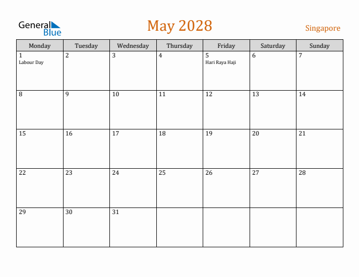 May 2028 Holiday Calendar with Monday Start