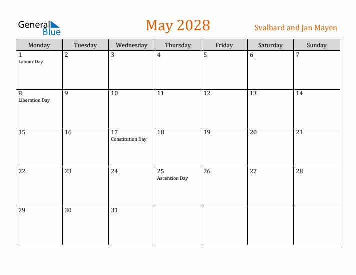 May 2028 Holiday Calendar with Monday Start