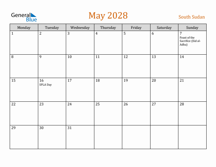 May 2028 Holiday Calendar with Monday Start