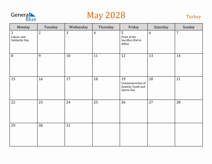 May 2028 Holiday Calendar with Monday Start