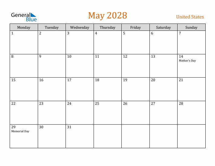 May 2028 Holiday Calendar with Monday Start