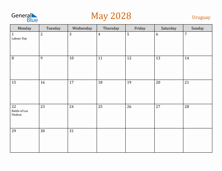 May 2028 Holiday Calendar with Monday Start