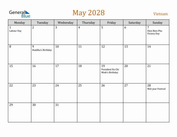 May 2028 Holiday Calendar with Monday Start