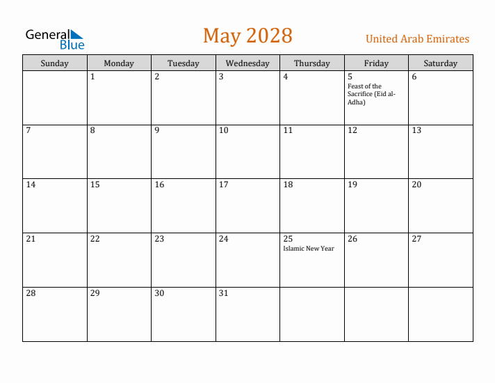 May 2028 Holiday Calendar with Sunday Start