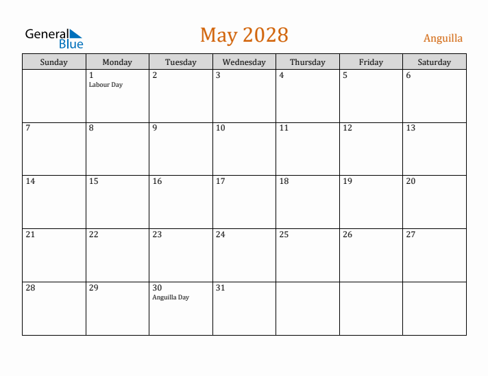 May 2028 Holiday Calendar with Sunday Start