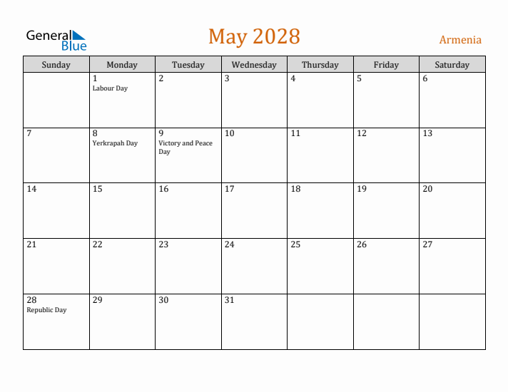 May 2028 Holiday Calendar with Sunday Start