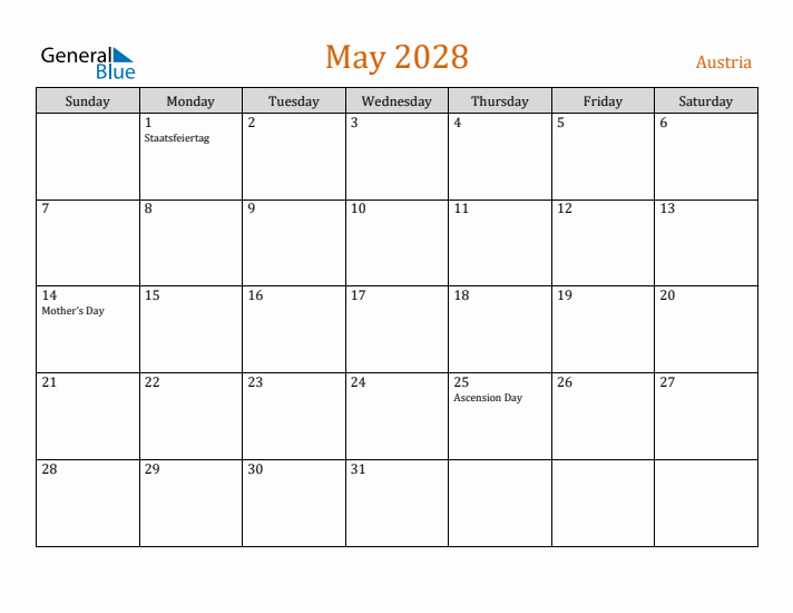 May 2028 Holiday Calendar with Sunday Start