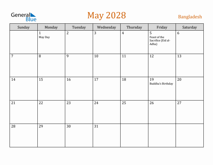 May 2028 Holiday Calendar with Sunday Start