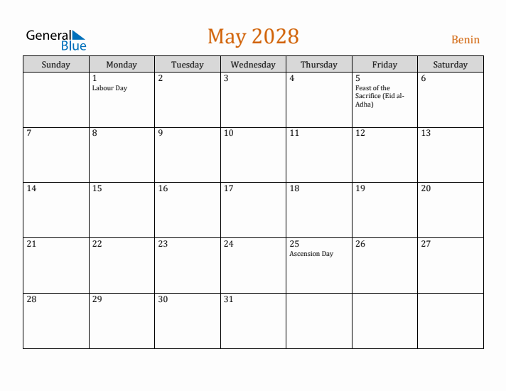 May 2028 Holiday Calendar with Sunday Start