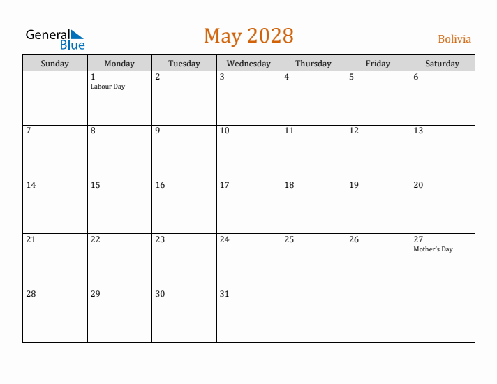 May 2028 Holiday Calendar with Sunday Start