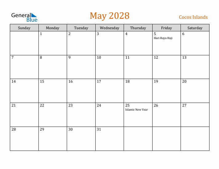 May 2028 Holiday Calendar with Sunday Start