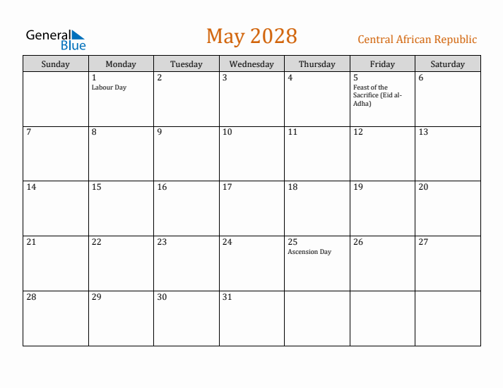 May 2028 Holiday Calendar with Sunday Start