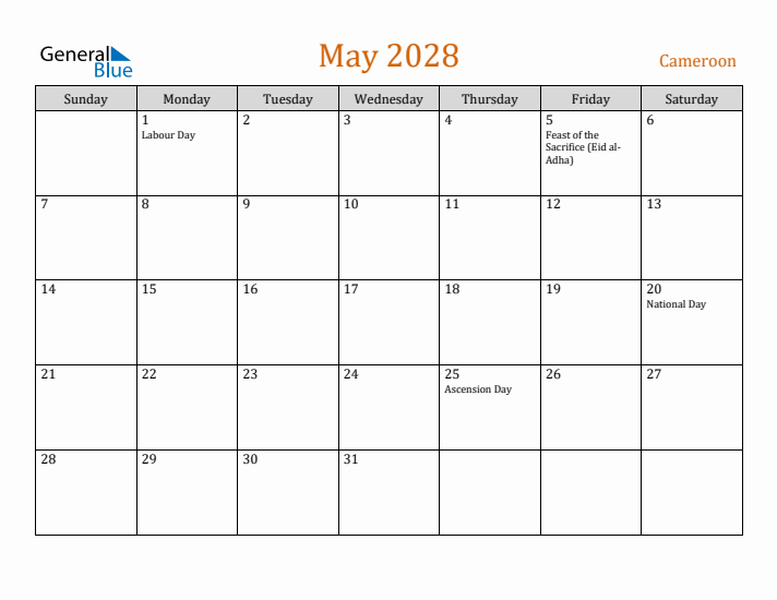 May 2028 Holiday Calendar with Sunday Start