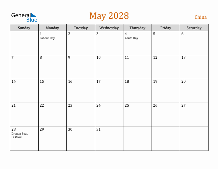 May 2028 Holiday Calendar with Sunday Start