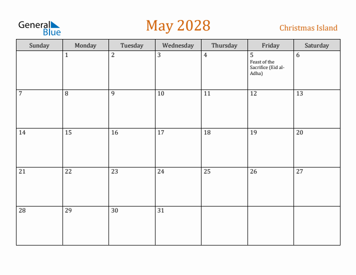 May 2028 Holiday Calendar with Sunday Start