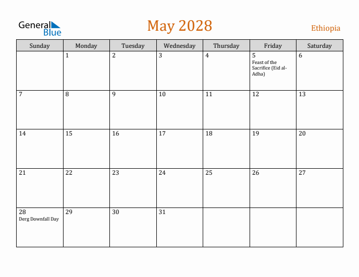 May 2028 Holiday Calendar with Sunday Start