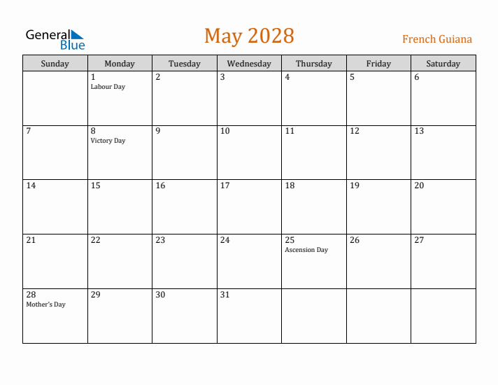 May 2028 Holiday Calendar with Sunday Start