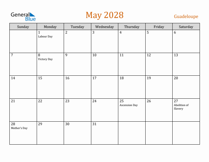 May 2028 Holiday Calendar with Sunday Start