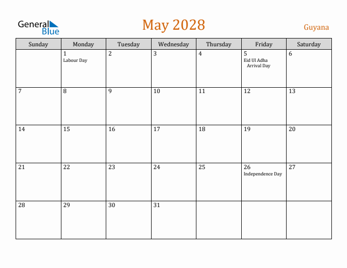 May 2028 Holiday Calendar with Sunday Start