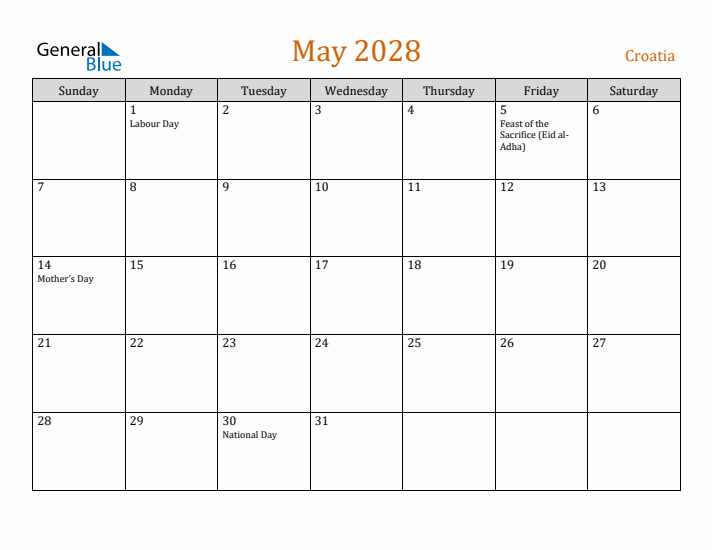 May 2028 Holiday Calendar with Sunday Start