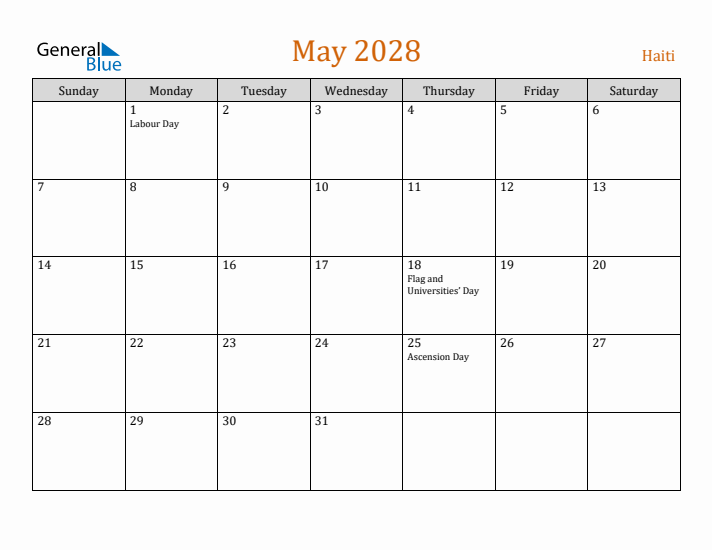 May 2028 Holiday Calendar with Sunday Start