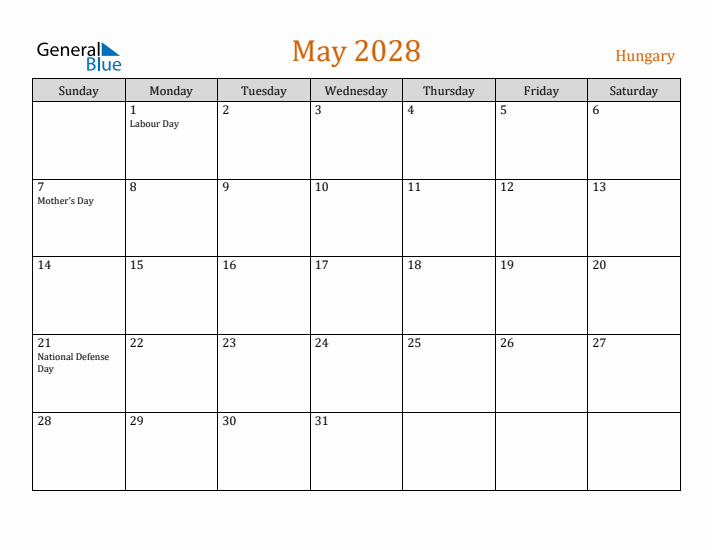 May 2028 Holiday Calendar with Sunday Start