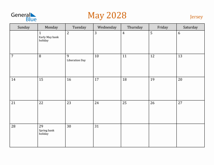 May 2028 Holiday Calendar with Sunday Start