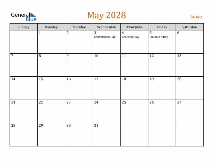 May 2028 Holiday Calendar with Sunday Start