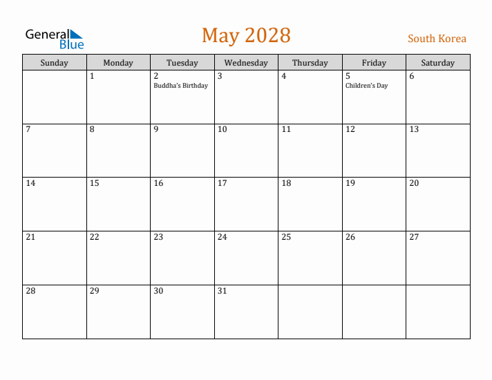 May 2028 Holiday Calendar with Sunday Start