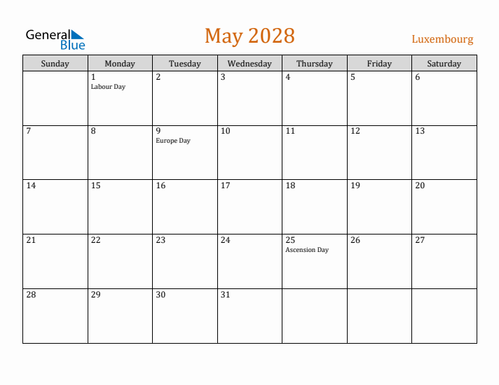 May 2028 Holiday Calendar with Sunday Start