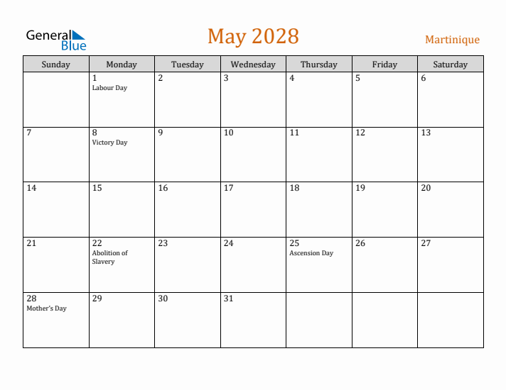 May 2028 Holiday Calendar with Sunday Start