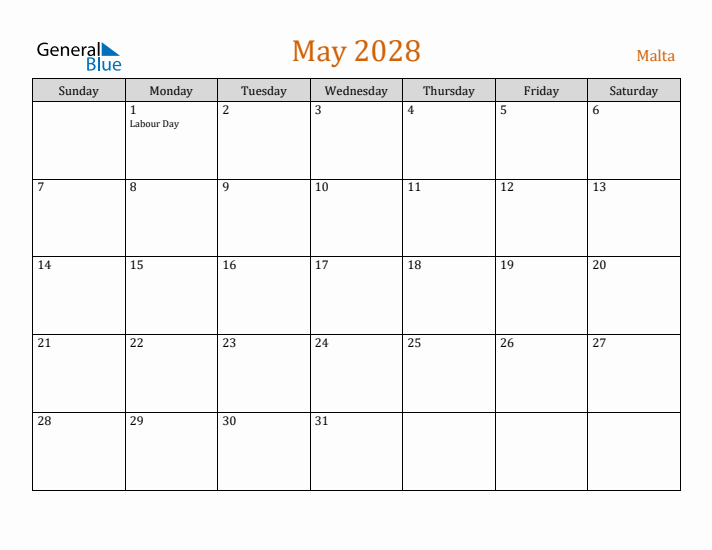 May 2028 Holiday Calendar with Sunday Start