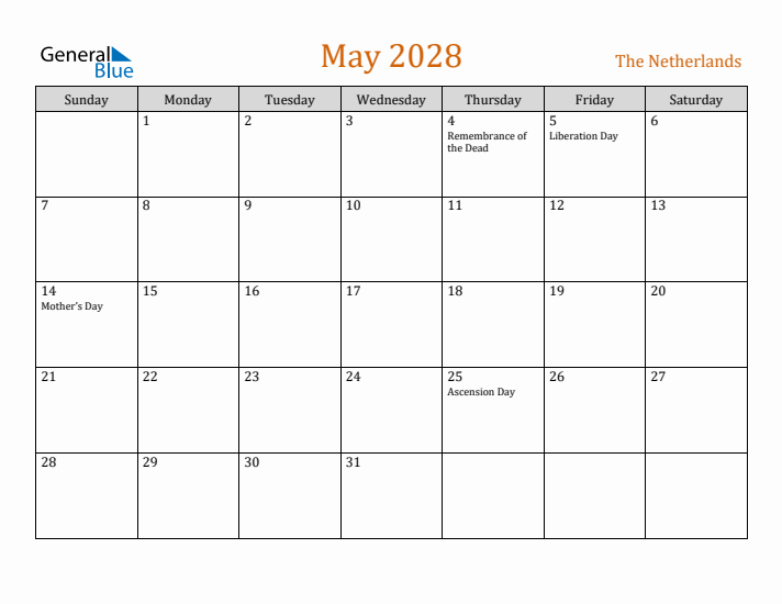 May 2028 Holiday Calendar with Sunday Start