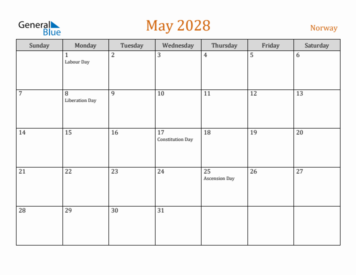 May 2028 Holiday Calendar with Sunday Start