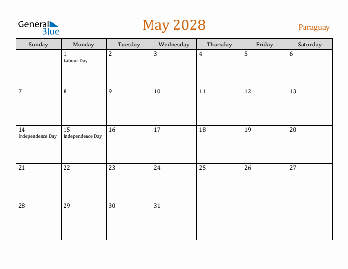 May 2028 Holiday Calendar with Sunday Start