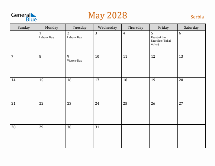 May 2028 Holiday Calendar with Sunday Start