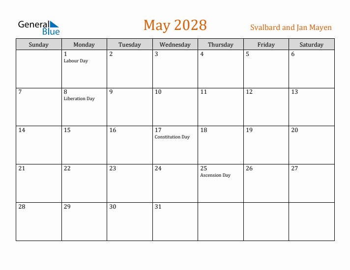 May 2028 Holiday Calendar with Sunday Start