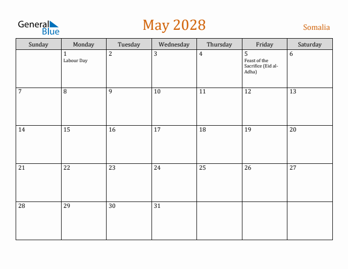 May 2028 Holiday Calendar with Sunday Start