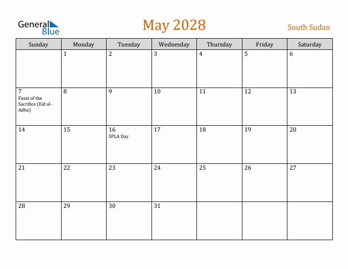 May 2028 Holiday Calendar with Sunday Start