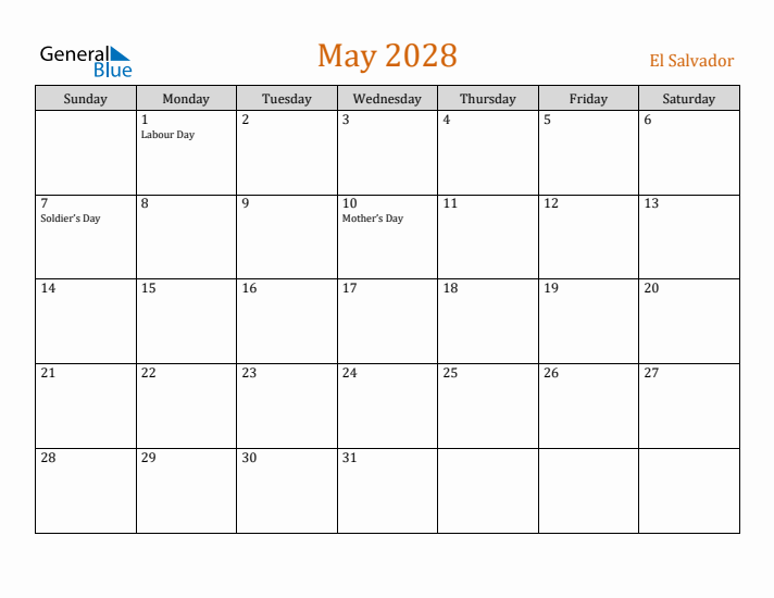 May 2028 Holiday Calendar with Sunday Start