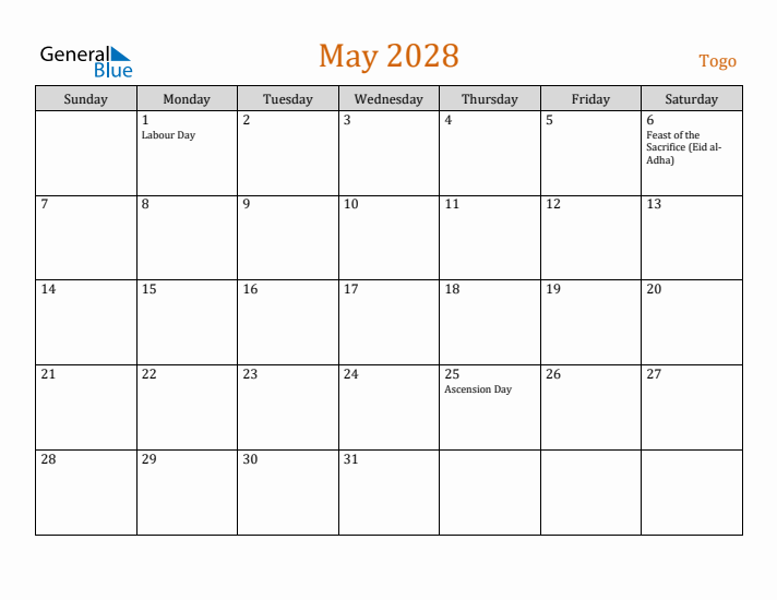 May 2028 Holiday Calendar with Sunday Start