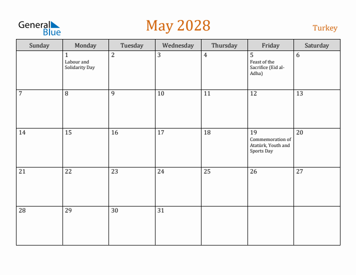 May 2028 Holiday Calendar with Sunday Start