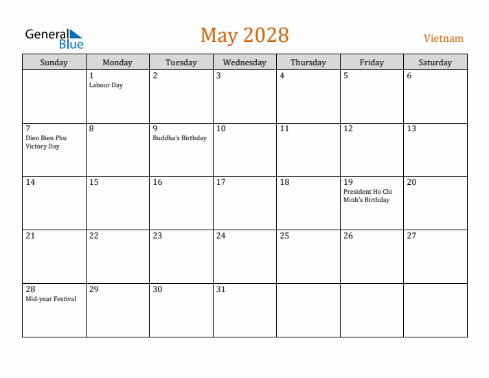 May 2028 Holiday Calendar with Sunday Start