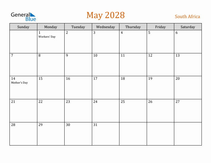 May 2028 Holiday Calendar with Sunday Start