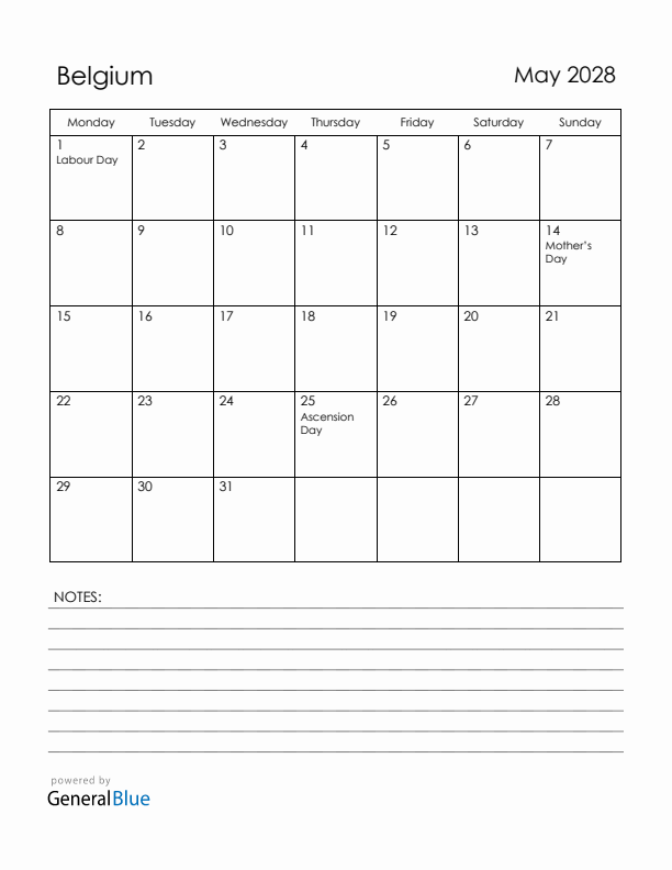 May 2028 Belgium Calendar with Holidays (Monday Start)