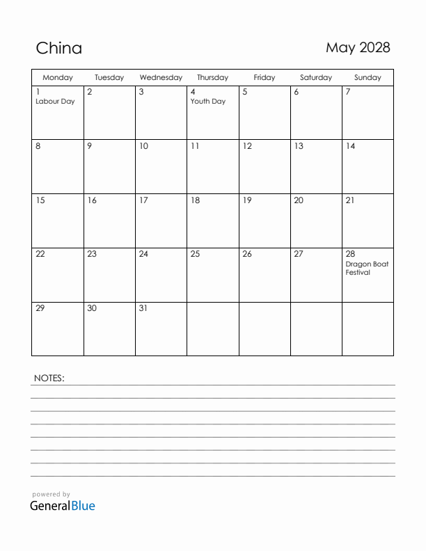 May 2028 China Calendar with Holidays (Monday Start)