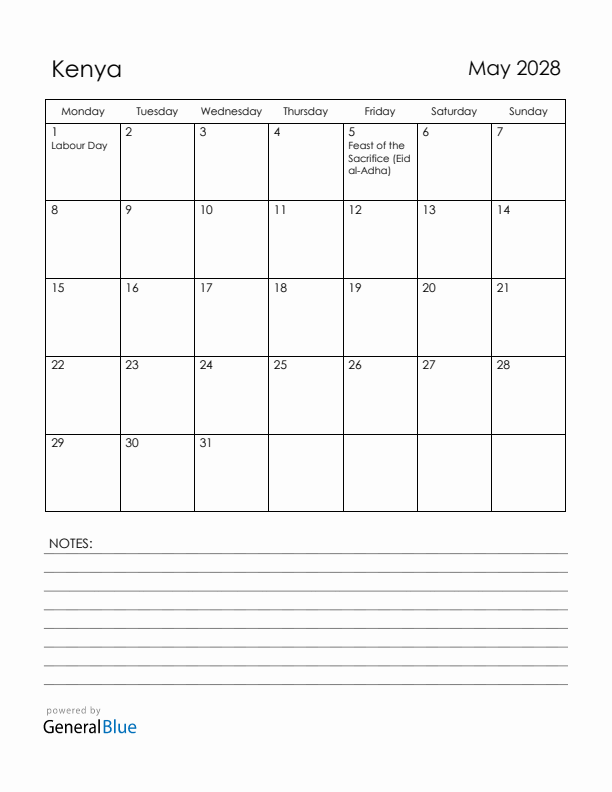 May 2028 Kenya Calendar with Holidays (Monday Start)