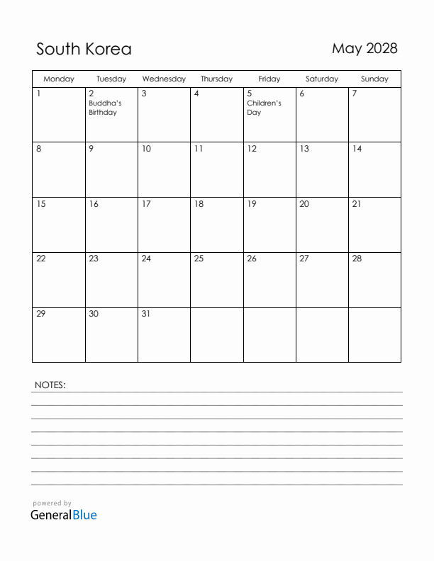 May 2028 South Korea Calendar with Holidays (Monday Start)