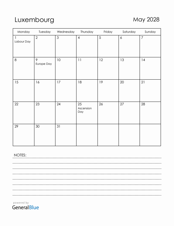 May 2028 Luxembourg Calendar with Holidays (Monday Start)