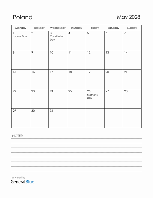 May 2028 Poland Calendar with Holidays (Monday Start)